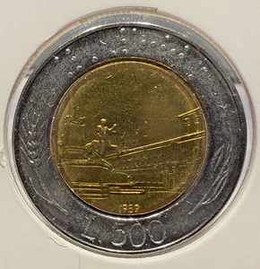 1989 Italy 500 Lire Coin Uncirculated Bi-Metalic KM# 111 25.8mm SP5003 - Picture 1 of 2