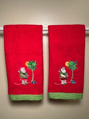 St. Nicholas Square Red Beach Theme Christmas Hand Towels Santa with Palm Tree - Image 1 of 4