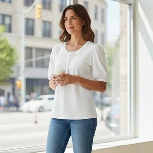 J. Crew Smocked Henley Knit Top White Lace Trim Puff Sleeve T Shirt Size Medium - Picture 1 of 10