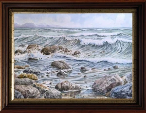 Original 12х16"Artwork Modern Landscape Giclee Art Print Seascape Stones Wave A3 - Picture 1 of 18