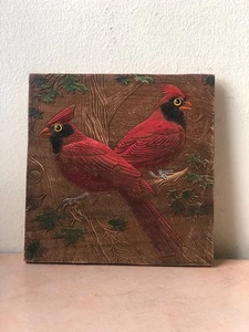 Handmade Engraved Wood Artist Tile  Featuring a Pair of Red Cardinal Song Birds - Picture 1 of 11