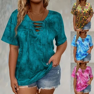 Womens Lace Up Tunic Tops Ladies Short Sleeve T-Shirt Blouse Pullover Plus Size - Picture 1 of 16