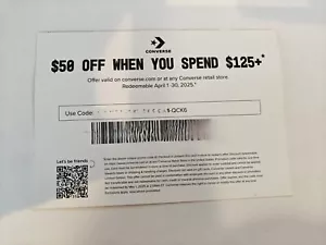 Converse $50 Coupon Discount Valid April 1st thru 30th 2025 Must Spend $125 - Picture 1 of 2