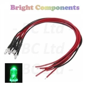 5 x Pre-Wired Green LED 3mm Ultra Bright : 9V ~ 12V : UK Seller - Picture 1 of 1