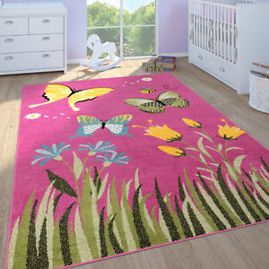 Kinderteppich Kinderzimmer Spielteppich Kurzflor Schmetterlinge Blumen In Pink