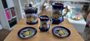 Mayfayre Staffordshire Pottery Set Of 5 Items In Ultra Rare Blue And Gold - Picture 1 of 7