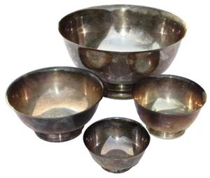 4 cuencos de anidación plateados con patas 9,75" 6" 5" 3" Paul Revere, variedad, ¡pátina! - Imagen 1 de 24
