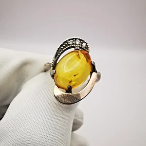 Vintage Unusual Sterling Silver 925 Gold 9k Ring Amber ,Women's Jewelry Size 8.5 - Picture 1 of 5