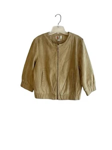 Bernardo suede leather tan color 3/4 sleeve bomber style jacket. Women size M - Picture 1 of 9