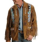 Men Traditional Western Cowboy Leather Jacket Suede Coat Fringe Eagle Beads