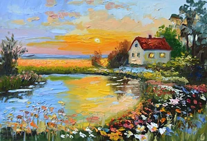 Ukrainian Village Oil Painting Original Landscape Art 8x6" House field Modern - Picture 1 of 5