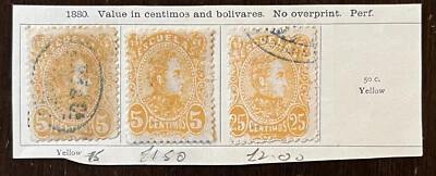 LOTE DE TRES ESTAMPILLAS AMARILLAS USADAS DE VENEZUELA 1880 COMO NUEVAS Foto 1 de 4