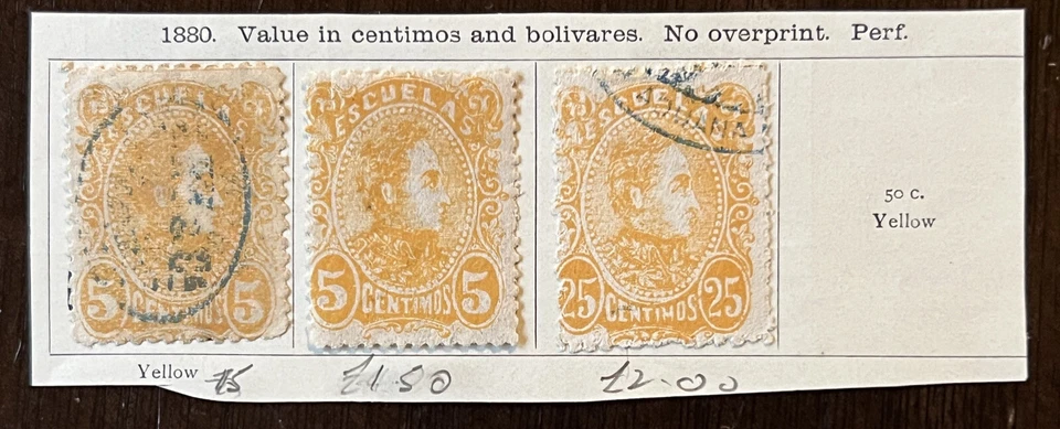 1880 VENEZUELA BOLIVARES LOT OF THREE MINT USED YELLOW STAMPS - Image 1 of 4