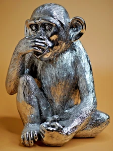 Silver Speak No Evil Wise Monkey Playful Ornament Figure Siting Ape Decoration - Picture 1 of 16