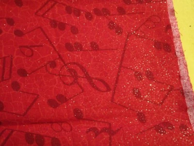 WOF x 44" Largo Nuevo Tela Algodón Rojo Notas Música Estampado Brillo Foto 1 de 3