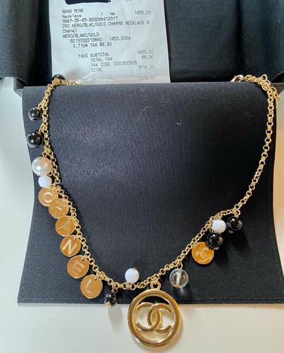 CHANEL Autentica Collana Oro Finta Perla Canel CC Logo 20c Nero Bianco Chiaro Perla