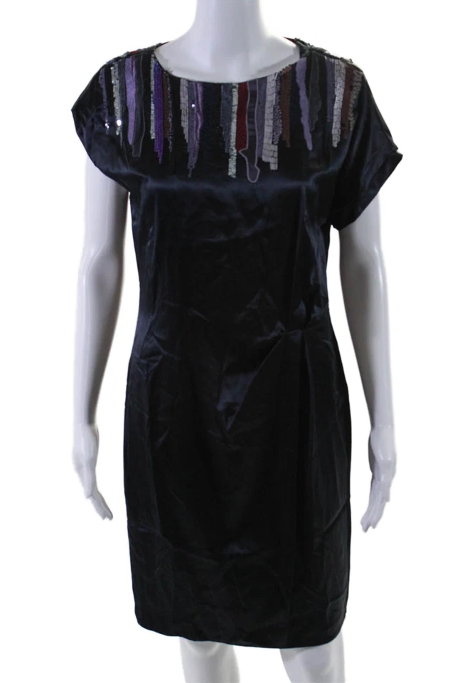 Mint Womens Silk Sequined Knee Length Short Sleeves Dress Midnight Blue Size 6 - Image 1 of 4