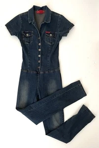 HOTKISS Women’s Denim Blue Jean Short Sleeve Button Up Jumpsuit - Size L - Picture 1 of 17