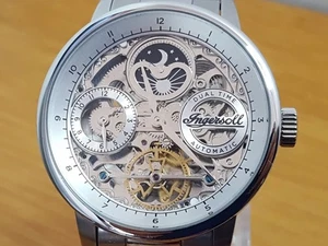 Herren Silber Ingersoll The Jazz Automatik Sonne Mond Phase Skelett Dual Time Uhr - Bild 1 von 12