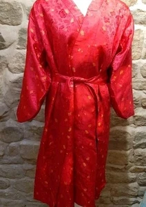 Chinese Dressing Gown Red Brocade Floral Hand Sewn Belted Lined Heavy faux silk - Picture 1 of 6