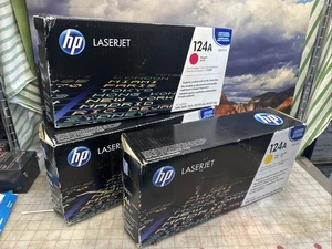 New Genuine HP 124A Cyan Magenta Yellow Toner Cartridge Box Sealed - Picture 1 of 10