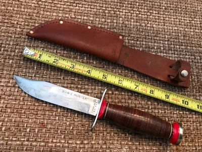 Bonito cuchillo de caza vintage Schrade Walden EE. UU. Bowie Hunter y funda original S-W Foto 1 de 4