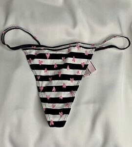 NWT Victoria’s Secret - M Cotton V-String Panty -Black White Stripe Hearts Thong