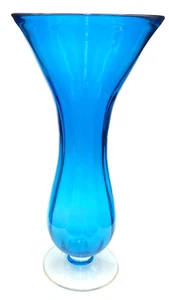 Tall Art Glass Fluted Deep Aqua Blue Optic Vase, Clear Pedestal Foot, 11.8" - Picture 1 of 11