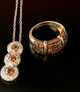 Imperial & White Zircon Ring Necklace Sz. 5 set 18k gold over Sterling Silver - Picture 1 of 12