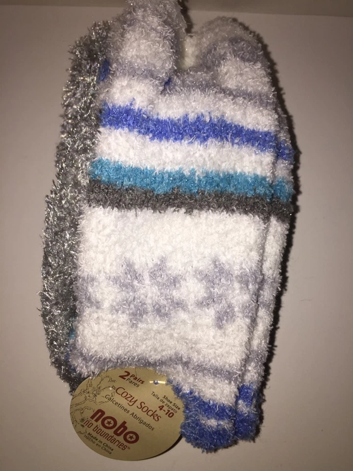 Meias aconchegantes femininas NO BORDER 2 pares sapatos listrados branco/azul/cinza tamanho 4-10 NOVO - Imagem 1 de 4