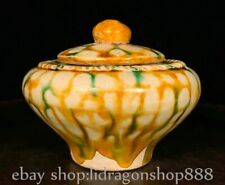3.6" Old Chinese Tang Sancai Pottery Dynasty Flower Cover Jar Pot