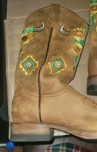 Womens Alfa Western Boots Brown Leather Sunflowers Cow Skull Euro 23 6.5 US - Picture 1 of 6