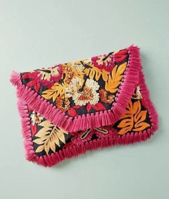 Anthropologie Ibban Bright Tropics Envelope Bag Purple Floral Embellished NWT - Image 1 of 2