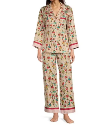 NWT Natori Pink/Red/Black/Teal Asian TEA PARTY Pajama/Lounge Set L Silky Cotton - Image 1 of 4