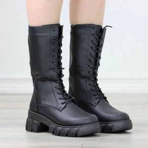Womens Combat Boots Lace Up Chunky Lugged Sole Mid Calf Faux Leather - Picture 1 of 15