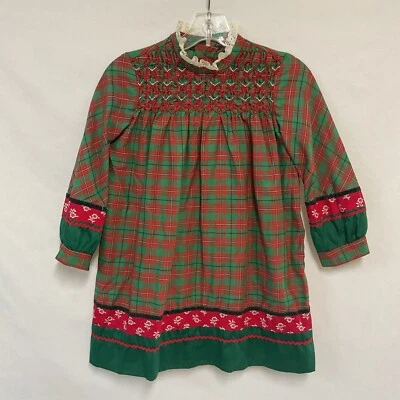 Винтажный Polly Flinders 6 красный зеленый клетку платье вручную со сборками ленты отделки недостатки - Изображение 1 из 4