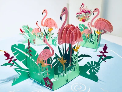 Tarjetas Pop Origami Rosa Flamencos Madre y 1 Bebé 3D Pop Up Tarjeta de Felicitación en Blanco. Foto 1 de 4