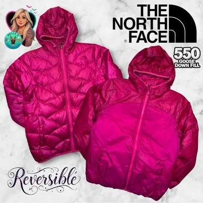Abrigo rosa chaqueta acolchada reversible con capucha Luna 550 grande de plumón The North Face para niñas Foto 1 de 4