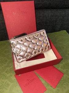 Valentino Rockstud Quilted Zip Pouch With Key Ring Crinkled Metallic Pink NWT! - Picture 1 of 13