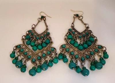 Western Faux Turquoise Native Style Southwestern Fan Dangling Pierced Earrings - Image 1 of 4