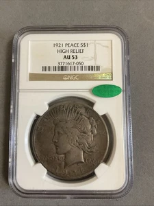 1921 Peace Dollar High Relief NGC AU53 w/CAC Sticker, Beautiful Toning - Picture 1 of 5