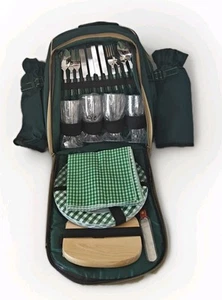 Green Hiking Picnic Bag For Two - Includes Wine Cooler,Plates, Utensils, Napkins - Picture 1 of 16