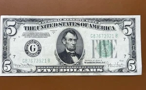 1934 $5 Federal Reserve Note Almost Uncirculated Five Dollar Bill - TCCCX - Picture 1 of 8