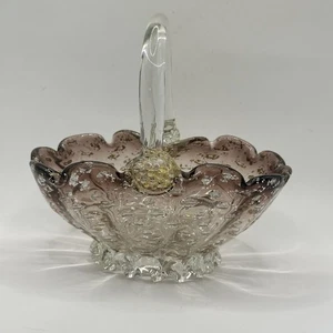 VTG Murano Art Glass Amethyst Basket w Gold Flex Applied Handle Wavy Top Bottom - Picture 1 of 19