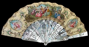 ANTIQUE FAN MADE OF CARVED MOTHER-OF-PEARL AND PAINTED PAPER. FRANCE. XVIII-XIX - Picture 1 of 1