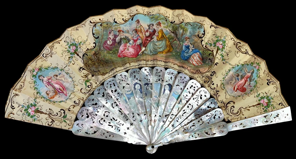 ANTIQUE FAN MADE OF CARVED MOTHER-OF-PEARL AND PAINTED PAPER. FRANCE. XVIII-XIX - Image 1 of 1