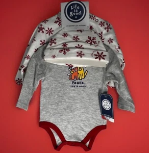 NWT 3/6 Months Life Is Good Infant Baby Christmas 3 Pc Set 2 Bodysuits & Hat - Picture 1 of 13