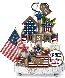 18 Pcs Memorial Day Tiered Tray Decor Set Rustic Patriotic Independence Day Deco - Picture 1 of 12