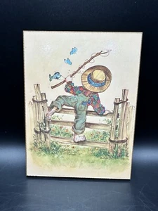 Vintage AMY Pair Patchwork Kids Raft Fishing Pole Fence Wooden Wall Art - Picture 1 of 3