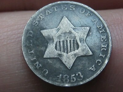 1853 Three 3 Cent Silver Trime- 3CS, Fine/VF Obverse Details - Image 1 of 3